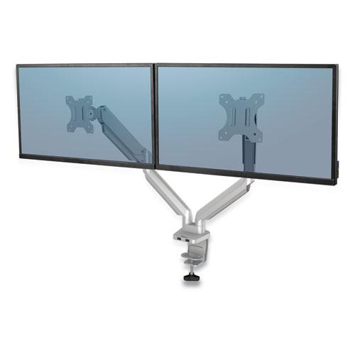 Platinum Series Dual Monitor Arm, For 27" Monitors, 360 deg Rotation, 45 deg Tilt, 180 deg Pan, Silver, Supports 20 lb