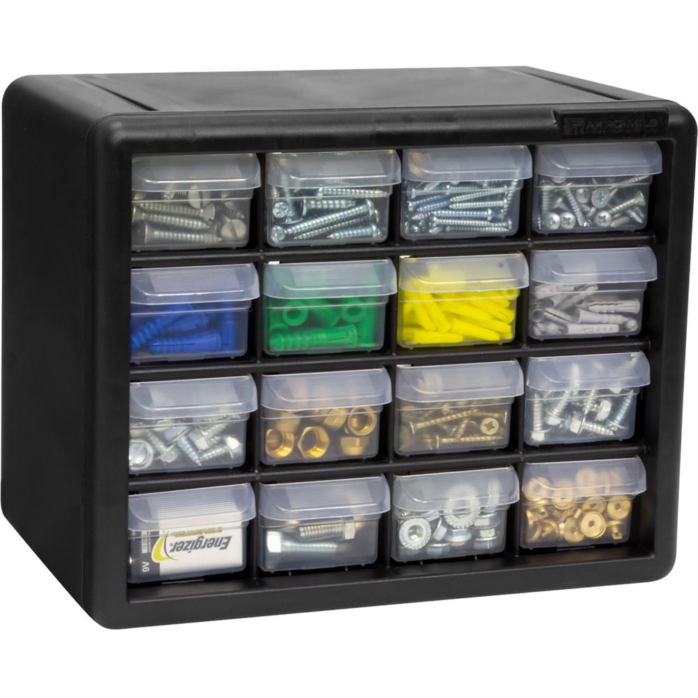 Akro-Mils 16-Drawer Plastic Storage Cabinet - 16 Drawer(s) - 8.5" Height x 6.4" Width10.5" Length%Floor - Stackable, Finger Grip, Unbreakable - Black - Polymer, Plastic - 1 Each