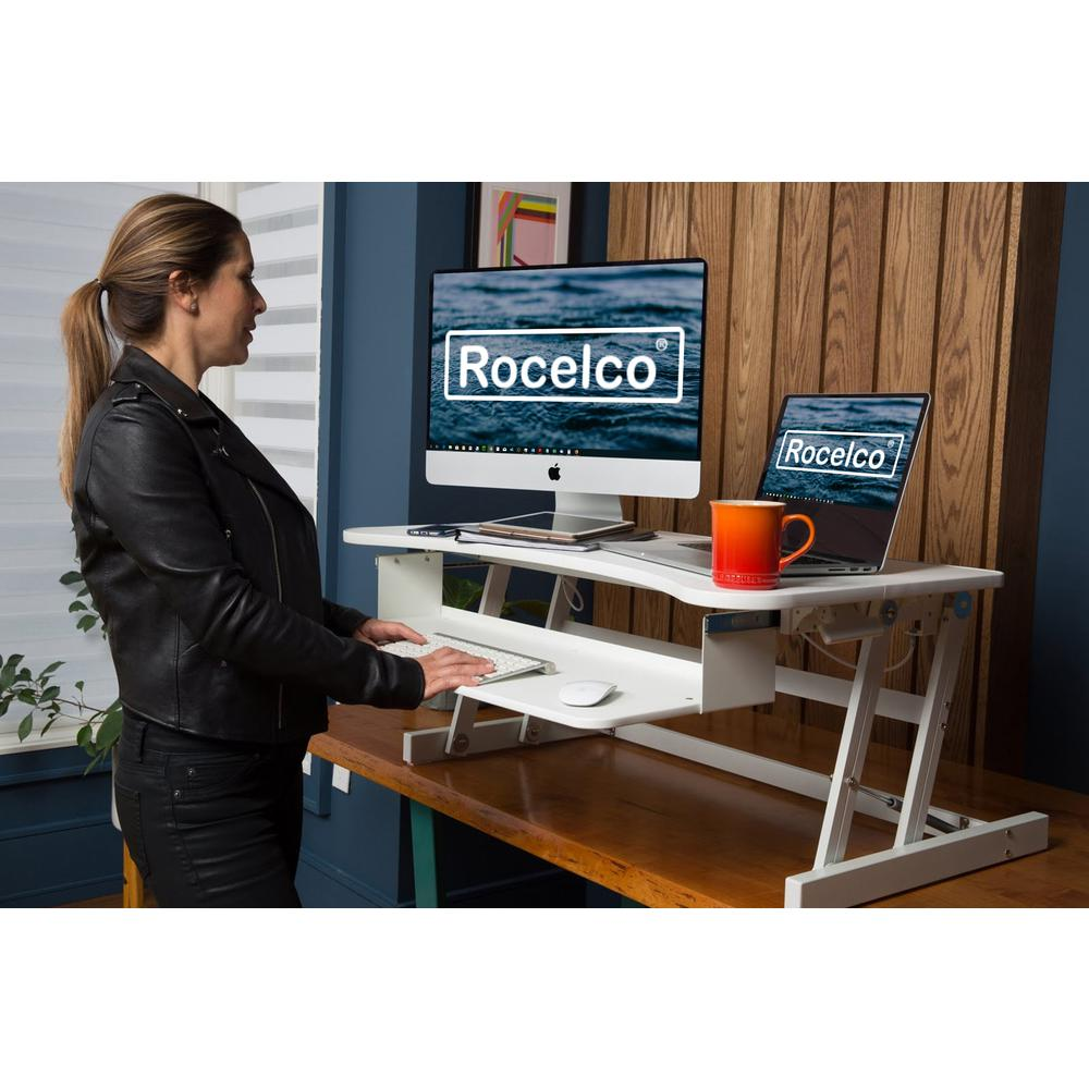 Rocelco 37.5" Deluxe Height Adjustable Standing Desk Converter - Quick Sit Stand Up Dual Monitor Riser - Gas Spring Assist Computer Workstation - Large Retractable Keyboard Tray - White (R DADRW)