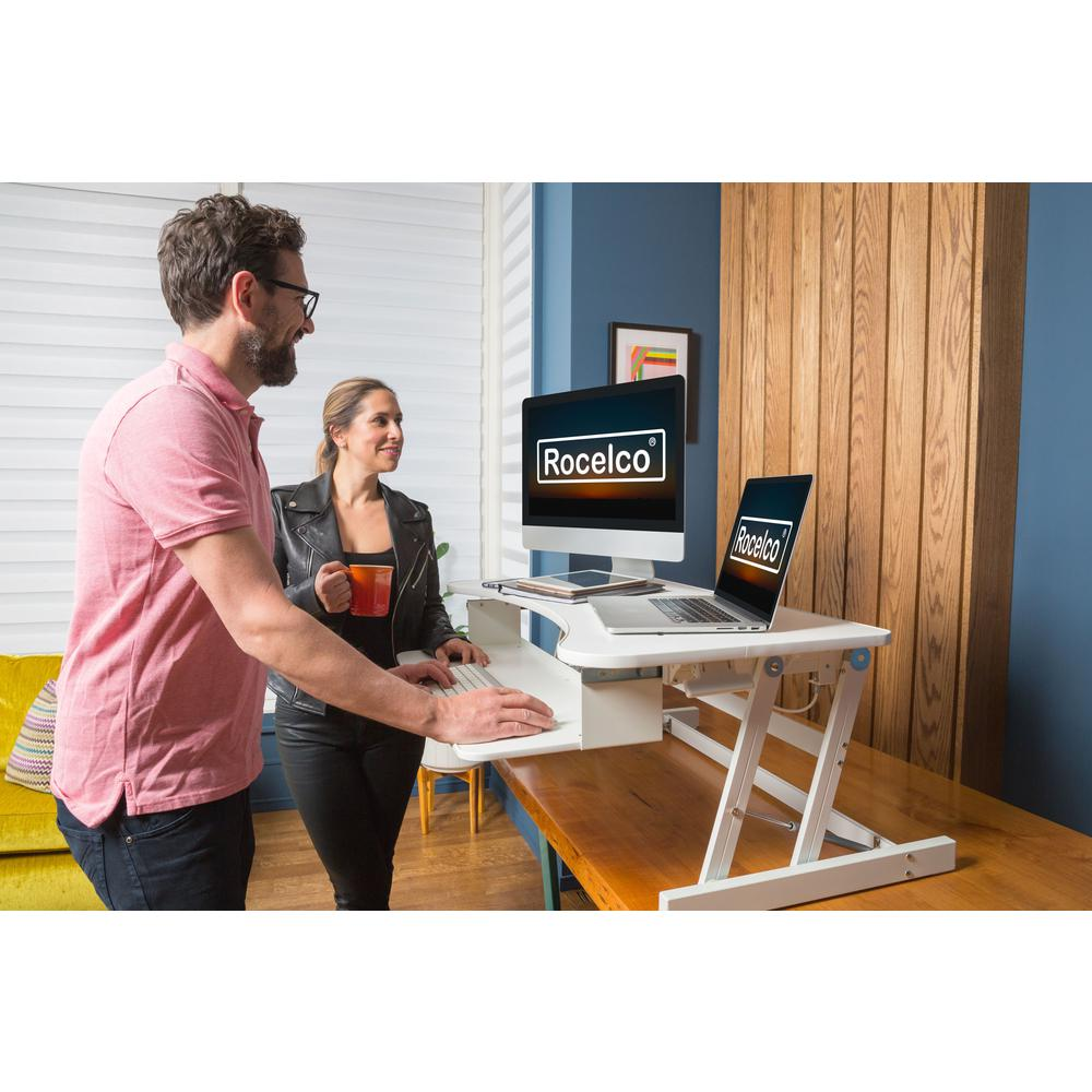 Rocelco 37.5" Deluxe Height Adjustable Standing Desk Converter - Quick Sit Stand Up Dual Monitor Riser - Gas Spring Assist Computer Workstation - Large Retractable Keyboard Tray - White (R DADRW)
