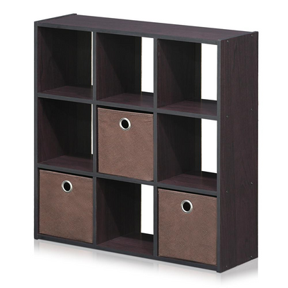 Furinno 13207DWN Simplistic 9-Cube Organizer with Bins, Dark Walnut