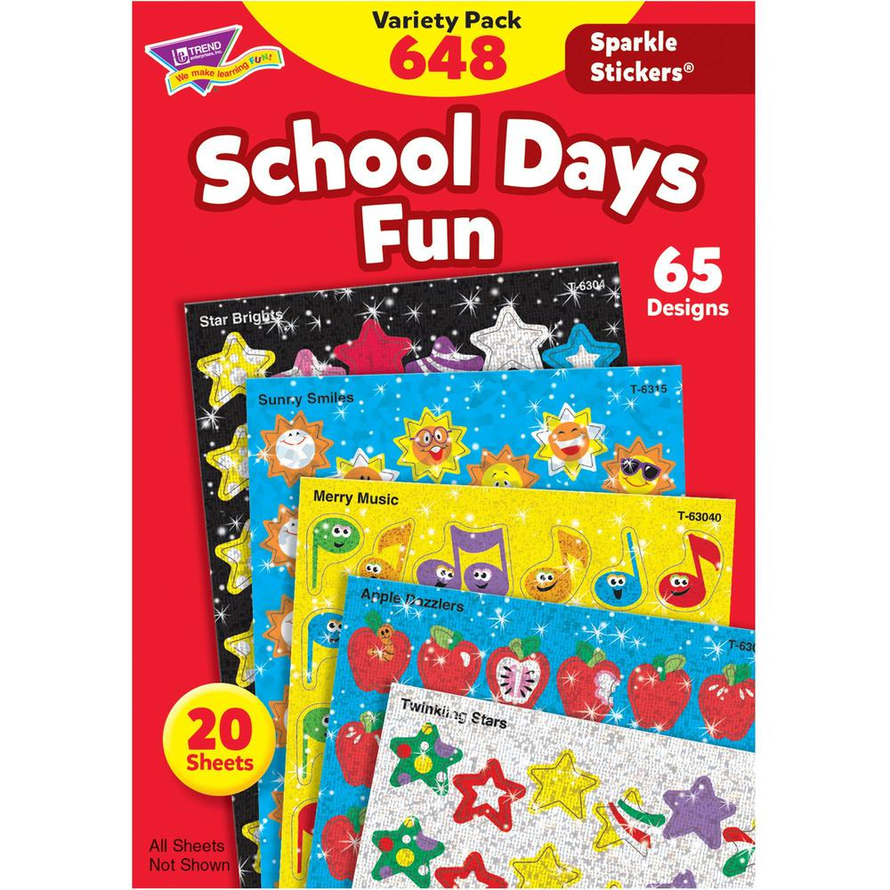 Trend Sparkle Stickers School Days Fun Stickers - Fun Theme/Subject - Apple Dazzlers, Twinkling Stars, Merry Music, Brilliant Birthday, Sunny Smile, Star Bright Shape - Acid-free, Non-toxic, Photo-saf