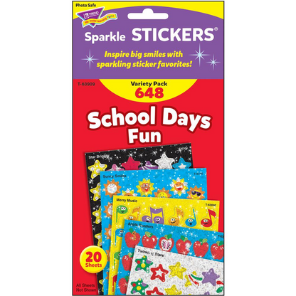 Trend Sparkle Stickers School Days Fun Stickers - Fun Theme/Subject - Apple Dazzlers, Twinkling Stars, Merry Music, Brilliant Birthday, Sunny Smile, Star Bright Shape - Acid-free, Non-toxic, Photo-saf