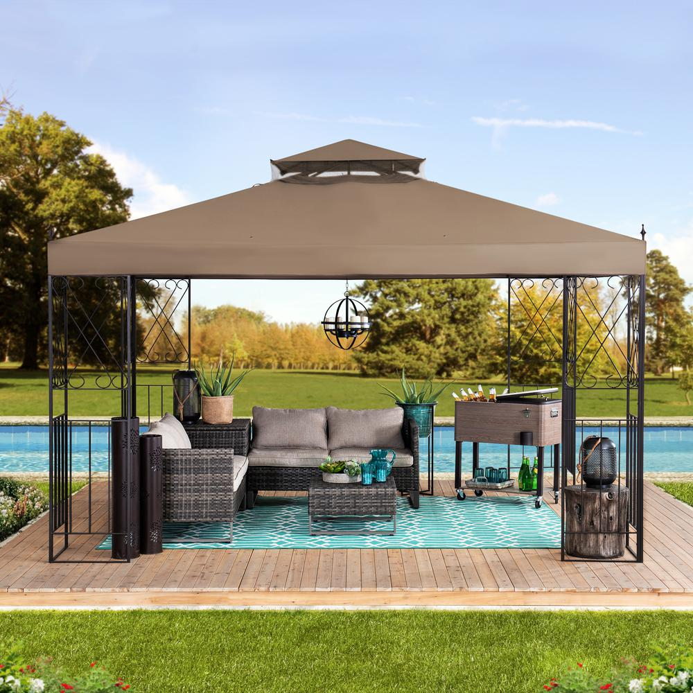 Sunjoy 10 ft. x 12 ft. Steel Gazebo with 2-tier Khaki Canopy