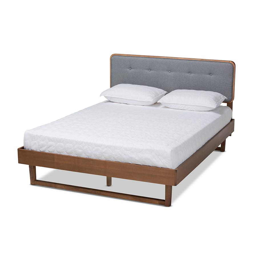 Natalia Mid-Century Modern Dark Grey Fabric Upholstered and Ash Walnut Finished Wood Full Size Platform Bed