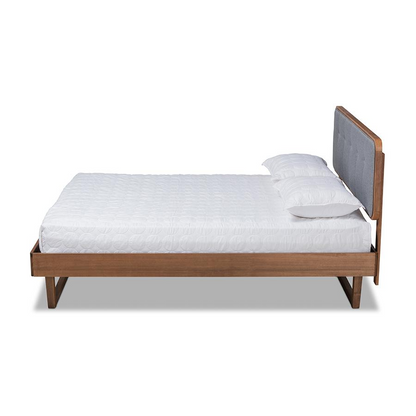 Natalia Mid-Century Modern Dark Grey Fabric Upholstered and Ash Walnut Finished Wood Full Size Platform Bed