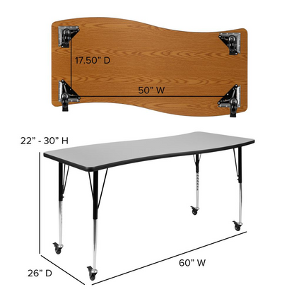 Mobile 26"W x 60"L Rectangular Wave Collaborative Grey Thermal Laminate Activity Table - Standard Height Adjustable Legs