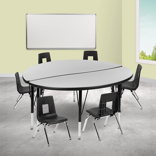 47.5" Circle Wave Collaborative Laminate Activity Table Set with 12" Student Stack Chairs, Grey/Black