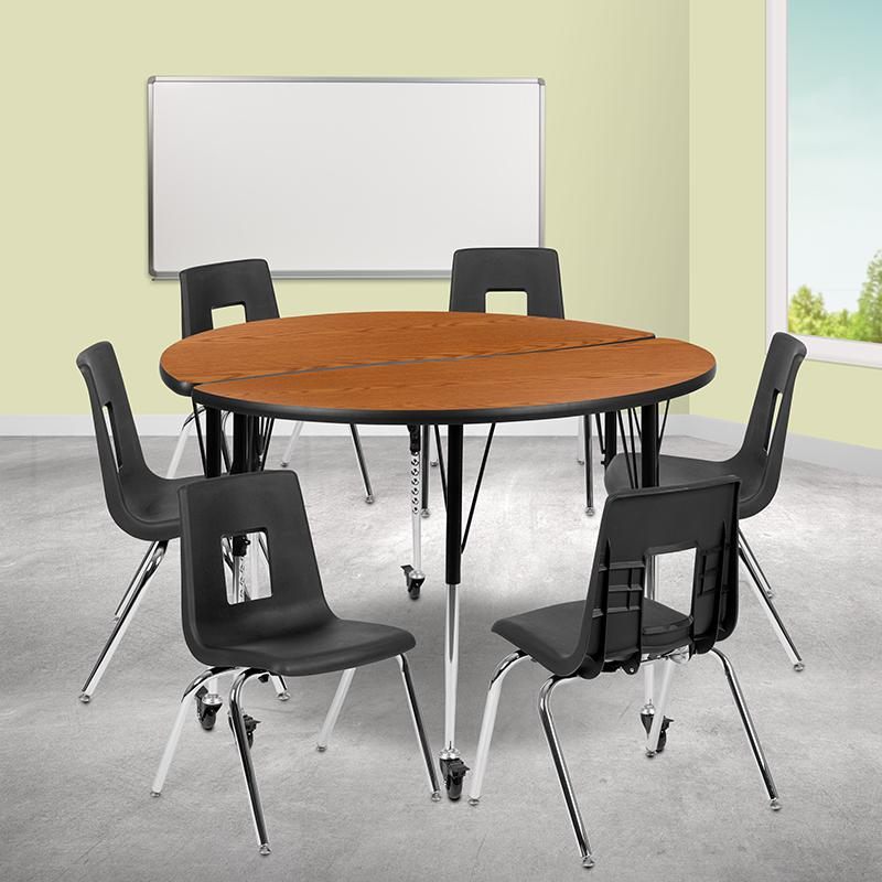 Mobile 47.5" Circle Wave Collaborative Laminate Activity Table Set with 18" Student Stack Chairs, Oak/Black