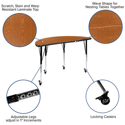 Mobile 47.5" Circle Wave Collaborative Laminate Activity Table Set with 18" Student Stack Chairs, Oak/Black