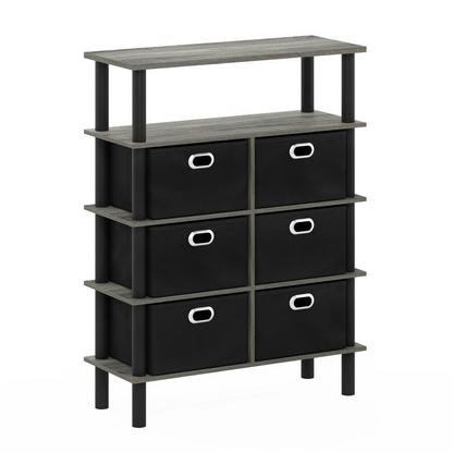 Furinno Frans Turn-N-Tube Console Table with Bin Drawers, French Oak Grey/Black/Black