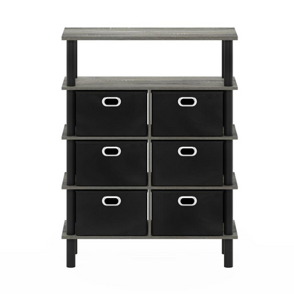 Furinno Frans Turn-N-Tube Console Table with Bin Drawers, French Oak Grey/Black/Black