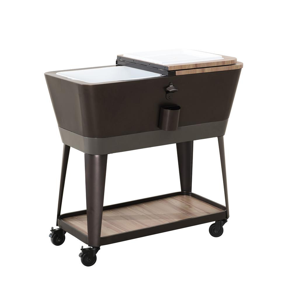 80-Quart Wood Grain Metal Rolling Ice Chest Cooler Cart with Storage Shelf