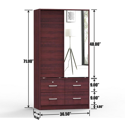 Better Home Products Sarah Double Sliding Door Armoire with Mirror in Mahogany