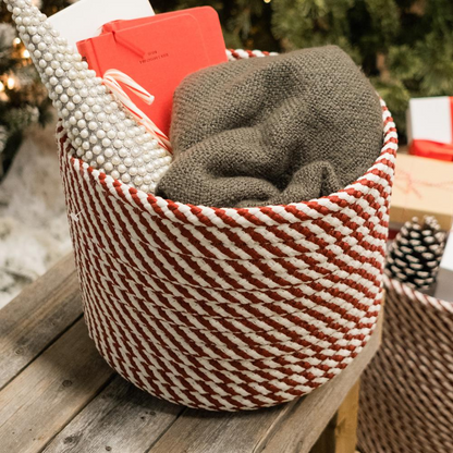 Twisted Christmas Woven Basket - Red/White 12"x12"x10"