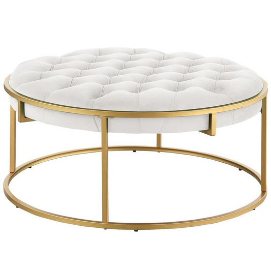 Conmara Velvet Round Accent Ottoman Cream, Gold