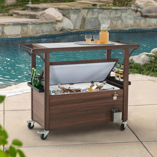 Sunjoy Brown Metal Rolling Serving Trolley Marble Countertop Bar Cart