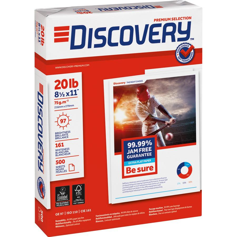 Discovery 3HP Premium Multipurpose Paper - Anti-Jam - Ultra White - 97 Brightness - Letter - 8 1/2" x 11" - 20 lb Basis Weight - 2500 / Carton - Excellent Ink Absorption