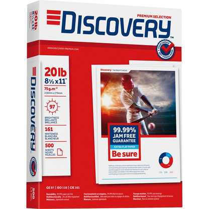 Discovery 3HP Premium Multipurpose Paper - Anti-Jam - Ultra White - 97 Brightness - Letter - 8 1/2" x 11" - 20 lb Basis Weight - 2500 / Carton - Excellent Ink Absorption