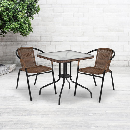 28'' Square Tempered Glass Metal Table with Dark Brown Rattan Edging