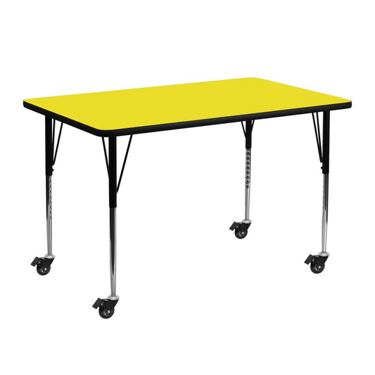 Mobile 24''W x 48''L Rectangular Yellow HP Laminate Activity Table - Standard Height Adjustable Legs