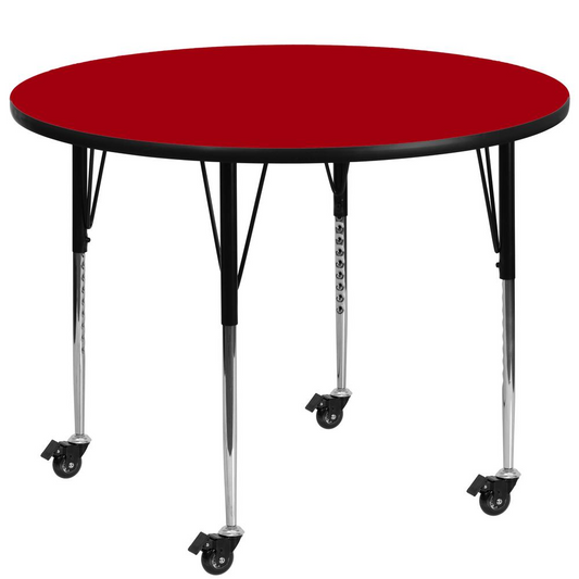 Mobile 48'' Round Red Thermal Laminate Activity Table - Standard Height Adjustable Legs