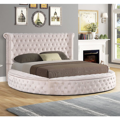 Best Master Furniture Isabella Velvet Round Queen Bed with Storage in Beige