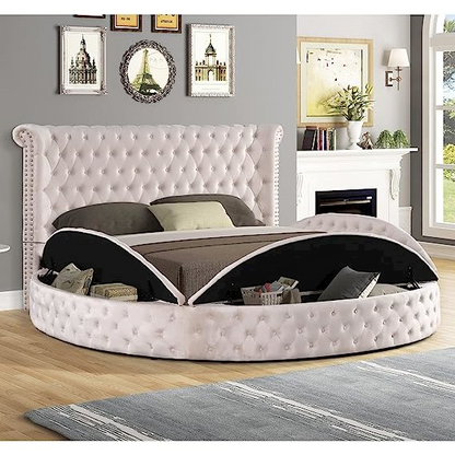 Best Master Furniture Isabella Velvet Round Queen Bed with Storage in Beige