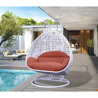 LeisureMod White Wicker Hanging 2 person Egg Swing Chair ESCW-57DOR