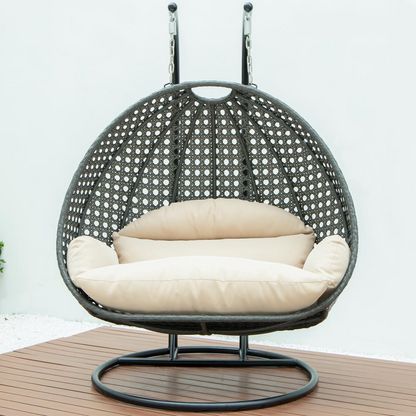 LeisureMod Wicker Hanging 2 person Egg Swing Chair in Beige