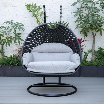 LeisureMod MendozaWicker Hanging 2 person Egg Swing Chair in Light Grey