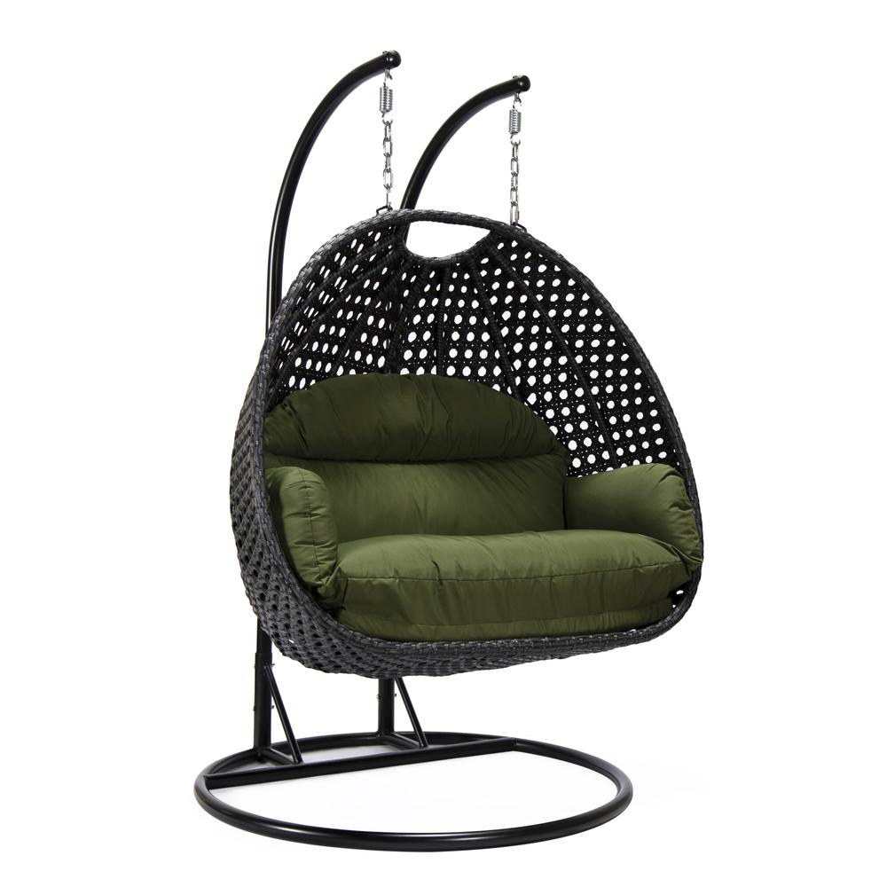 LeisureMod MendozaWicker Hanging 2 person Egg Swing Chair in Dark Green