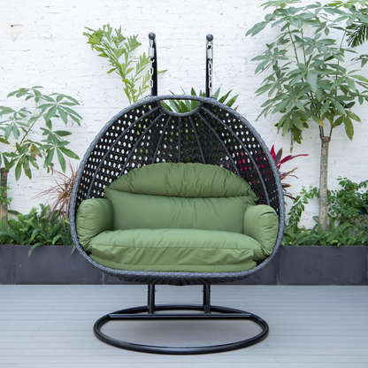 LeisureMod MendozaWicker Hanging 2 person Egg Swing Chair in Dark Green