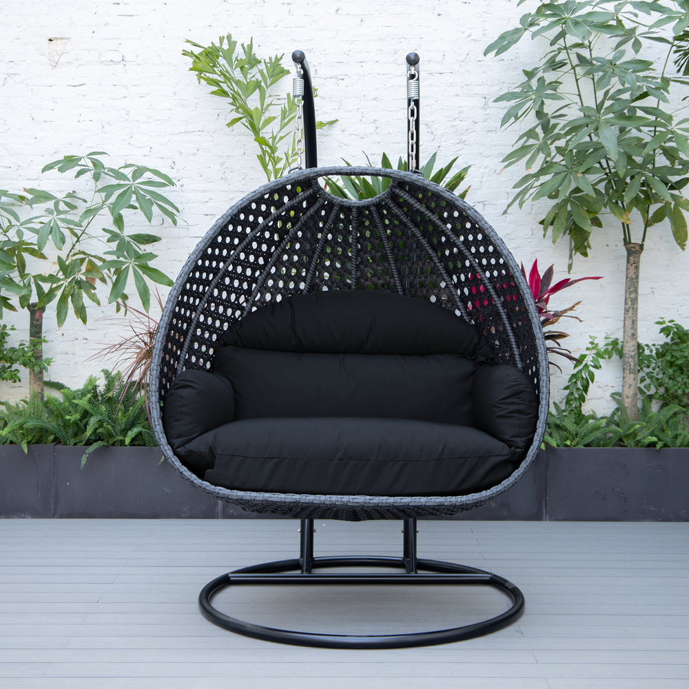 LeisureMod MendozaWicker Hanging 2 person Egg Swing Chair in Dark Grey