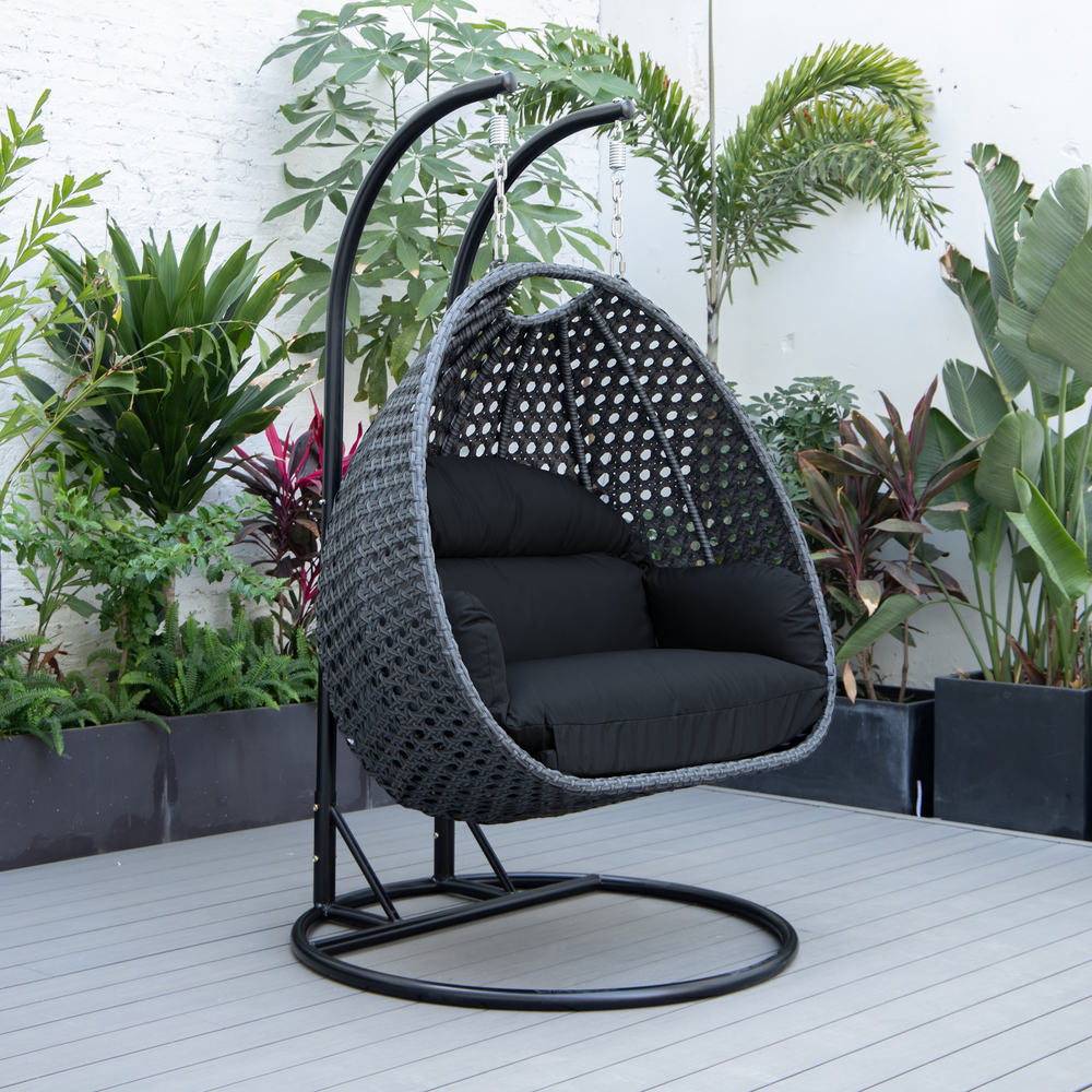 LeisureMod MendozaWicker Hanging 2 person Egg Swing Chair in Dark Grey