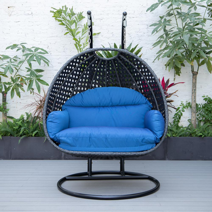 LeisureMod MendozaWicker Hanging 2 person Egg Swing Chair in Blue