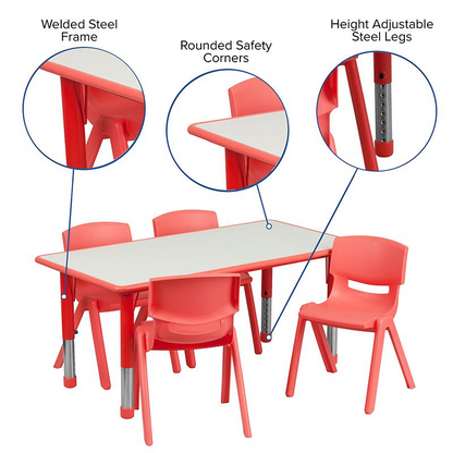 23.625''W x 47.25''L Rectangular Red Plastic Height Adjustable Activity Table Set with 4 Chairs