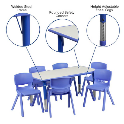 23.625''W x 47.25''L Rectangular Blue Plastic Height Adjustable Activity Table Set with 6 Chairs