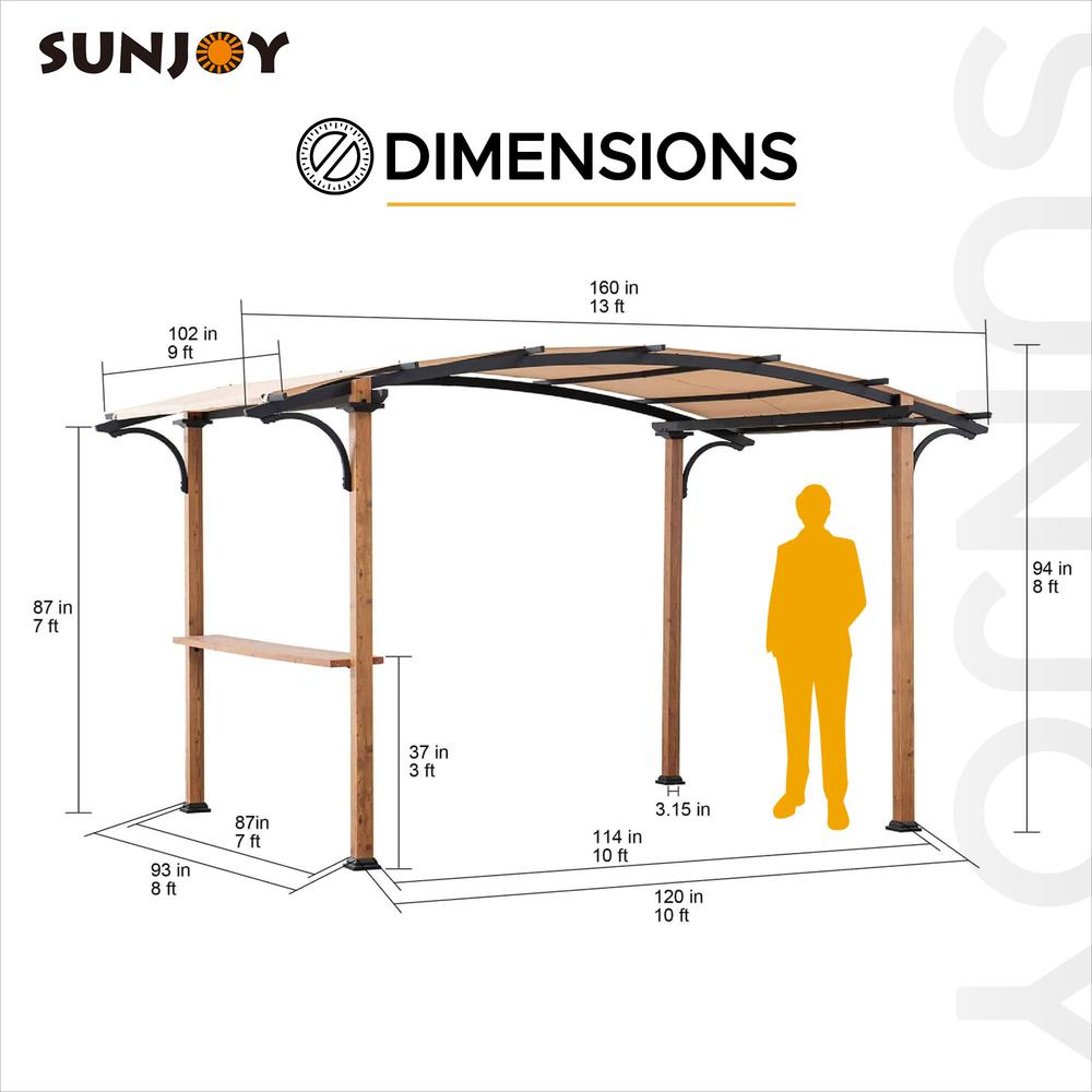 Steel Arched Metal Pergola with Natural Wood Looking Finish and Tan Shade