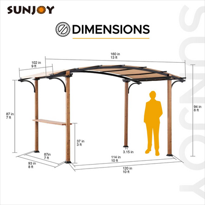 Steel Arched Metal Pergola with Natural Wood Looking Finish and Tan Shade