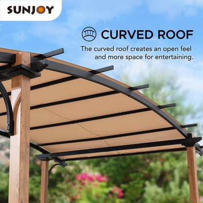 Steel Arched Metal Pergola with Natural Wood Looking Finish and Tan Shade