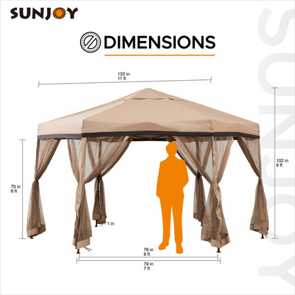 Sunjoy 11 ft. x 11 ft. Tan and Brown 2-tone Pop Up Portable Hexagon Steel Gazebo