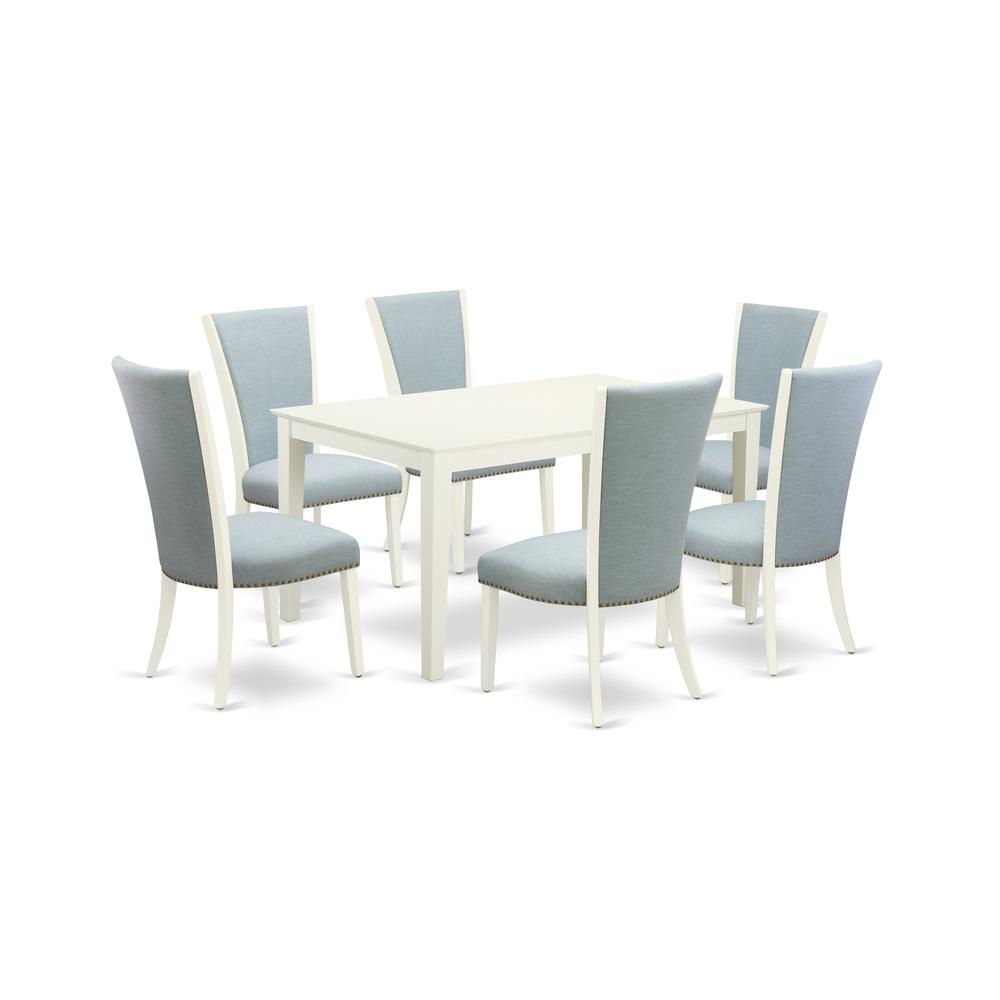 East-West Furniture CAVE7-LWH-15 - A modern dining table set of 6 wonderful parson chairs with Linen Fabric Baby Blue color and a fantastic wood table with Linen White color