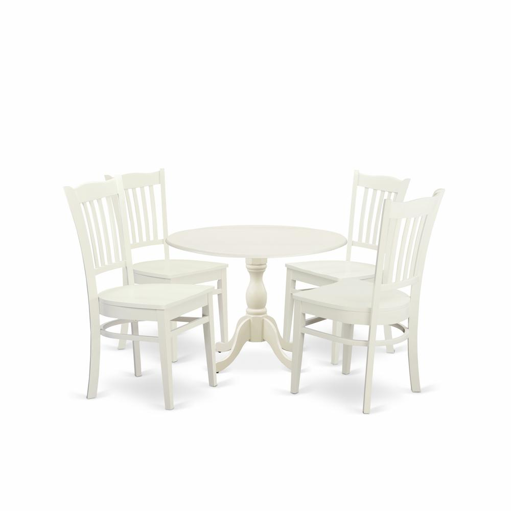 East West Furniture DMGR5-LWH-W 5 Piece Dining Table Set Contains 1 Drop Leaves Dining Table and 4 Black Dinning Chairs with Slatted Back - Linen White Finish