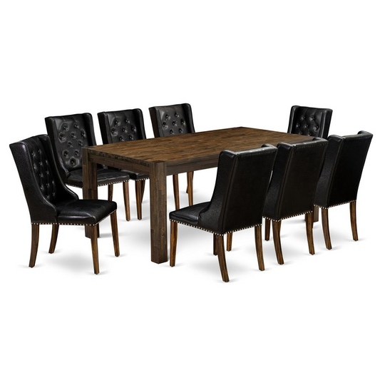 East West Furniture LMFO9-77-49 9-Pc Modern Dining Table Set Includes 1 Dining Table and 8 Black Linen Fabric Dining Chairs with Button Tufted Back - Distressed Jacobean Finish