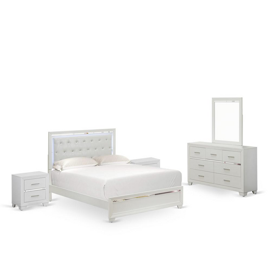 East West Furniture PA05-Q2NDM0 Pandora 5-Piece Queen Bedroom Set with a Bed Frame 2 Nightstand Modern, Bedroom Dressers and Mirror - White Finish