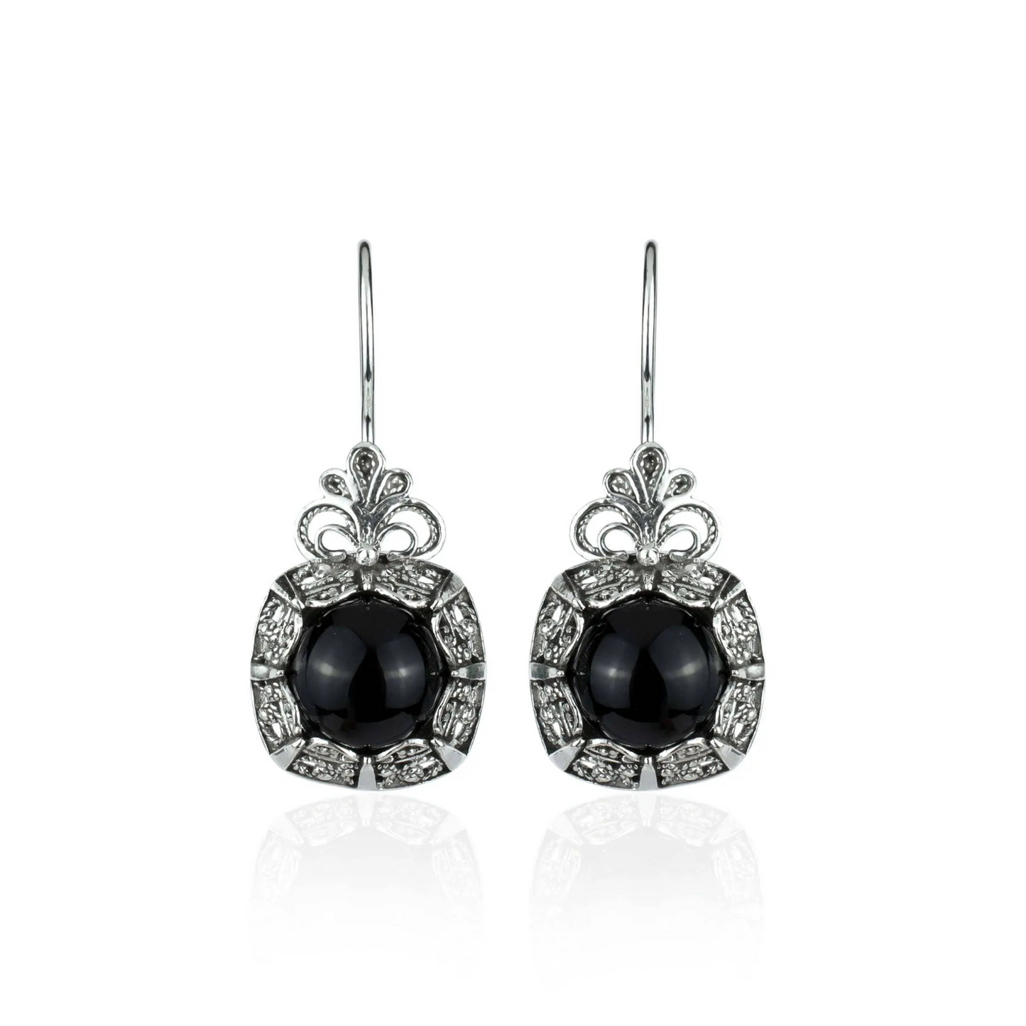 Filigree Art Black Onyx Gemstone Women Silver Drop Earrings