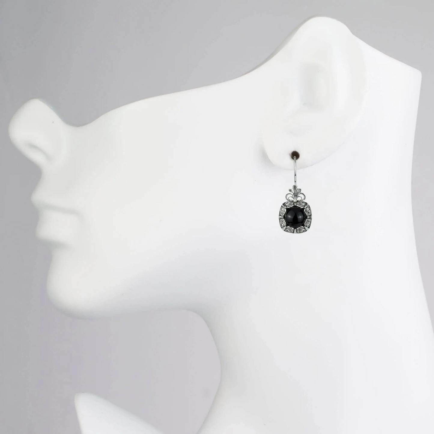 Filigree Art Black Onyx Gemstone Women Silver Drop Earrings