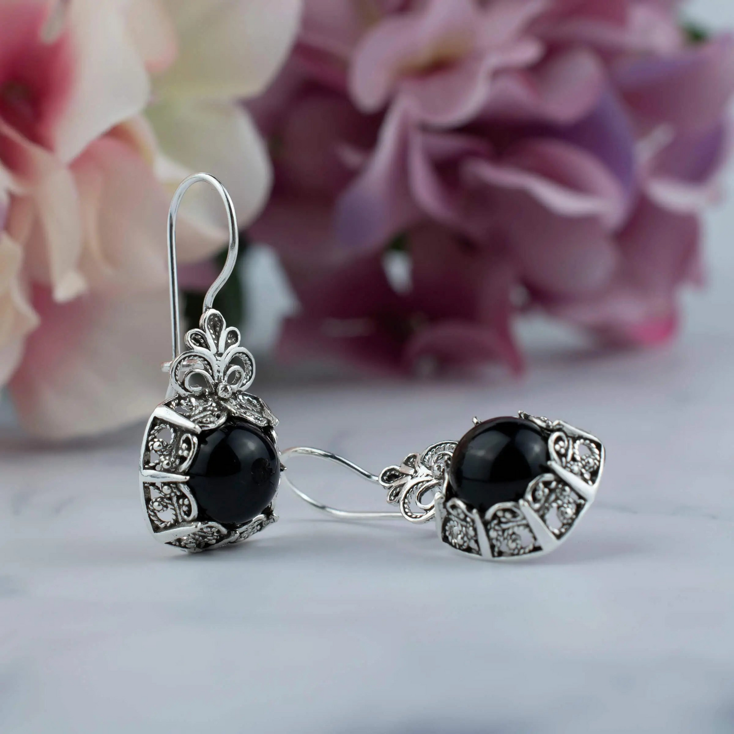 Filigree Art Black Onyx Gemstone Women Silver Drop Earrings