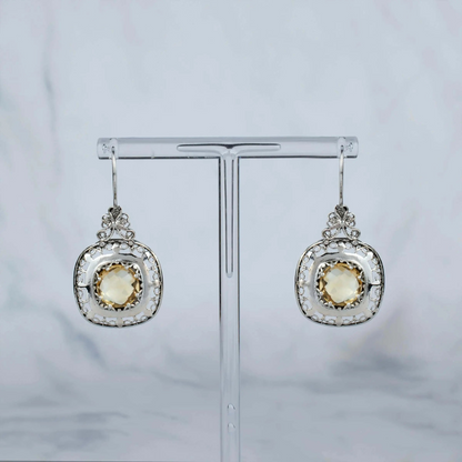 Filigree Art Citrine Gemstone Women Silver Drop Earrings